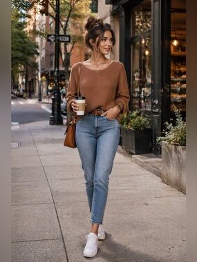 CAPE JUBY Women's Ribbed Brown Crew Neck Sweater M